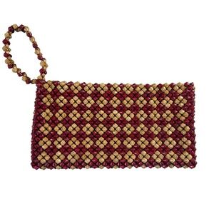 Vintage Wooden Beaded Clutch Wristlet Purse Tan Red 60s 70s